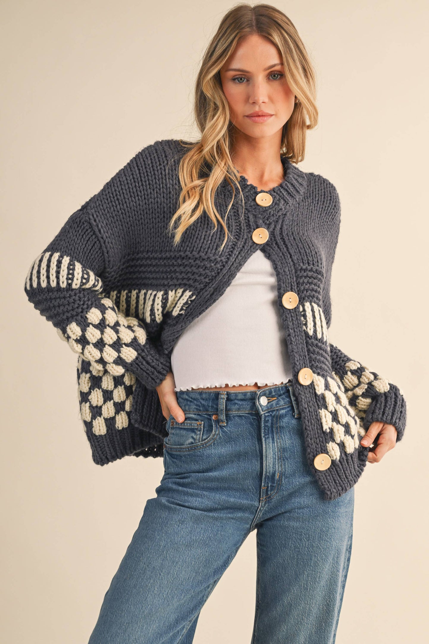 checkered pattern chunky knit cardigan
