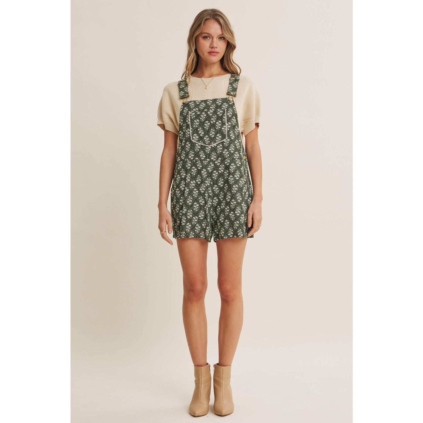 Meadow Bloom Floral Short Overall With Lace Trim Bib Pocket