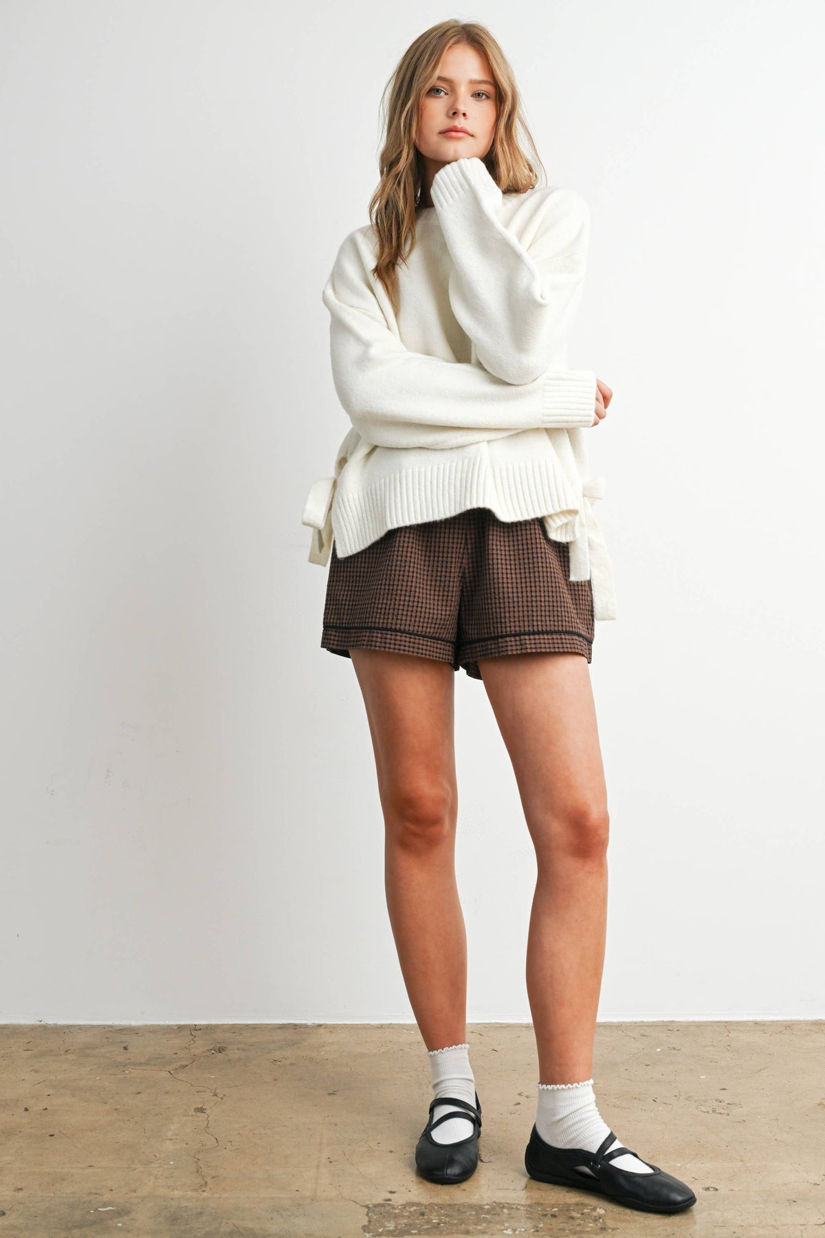Tie Split-Hem Crewneck Long Sleeve Top