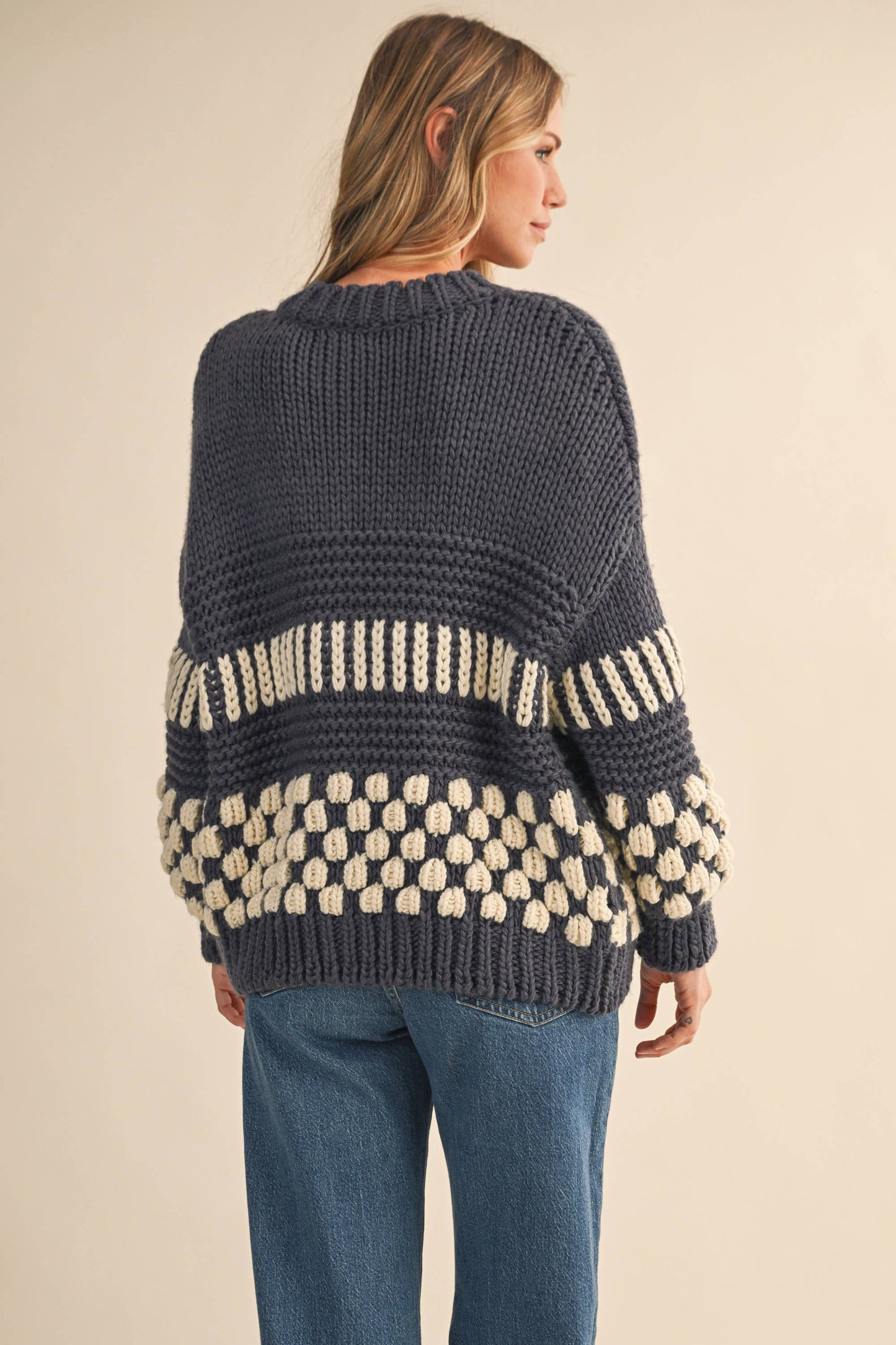 checkered pattern chunky knit cardigan