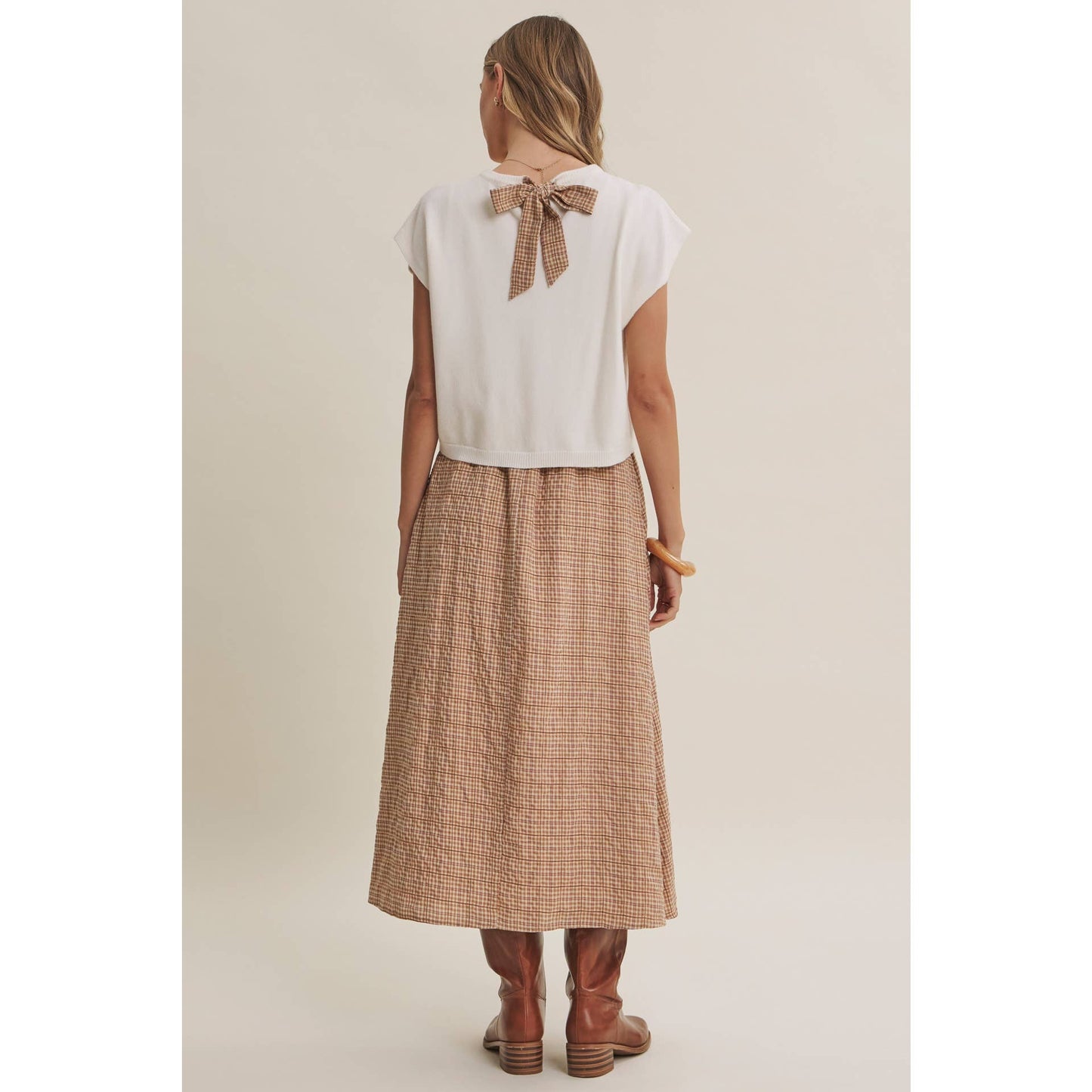 COUNTRY ROADS Gingham Bow Back Twofer Sweater Midi Dress