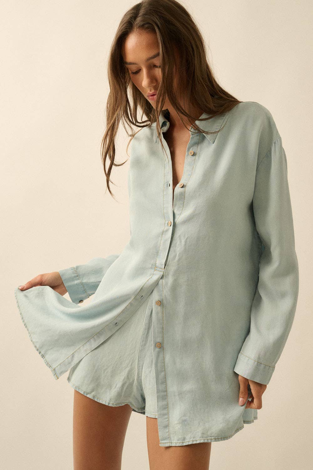 Tencel Denim Belted Button-Up Shirt Romper