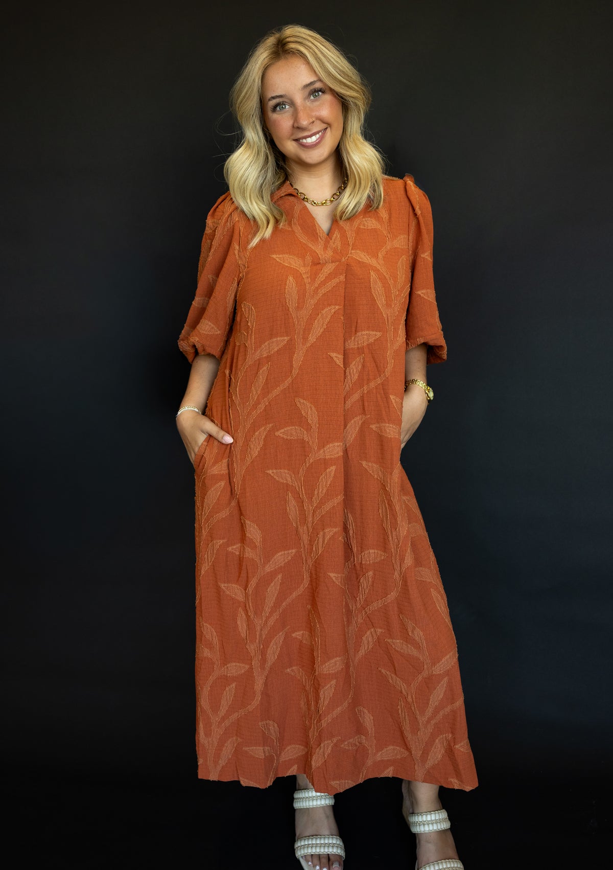 Terracotta Jacquard Collared Midi Dress