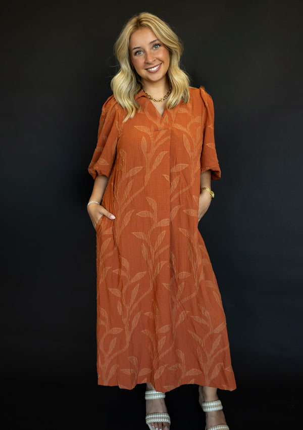 Terracotta Jacquard Collared Midi Dress