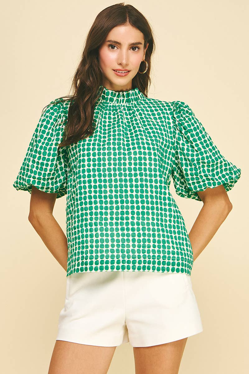 Polka Dot Pattern Ruffled Neck Bubble Sleeve