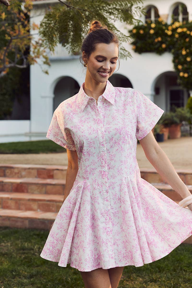 French Garden Toile Button-down Mini Dress With Dolman