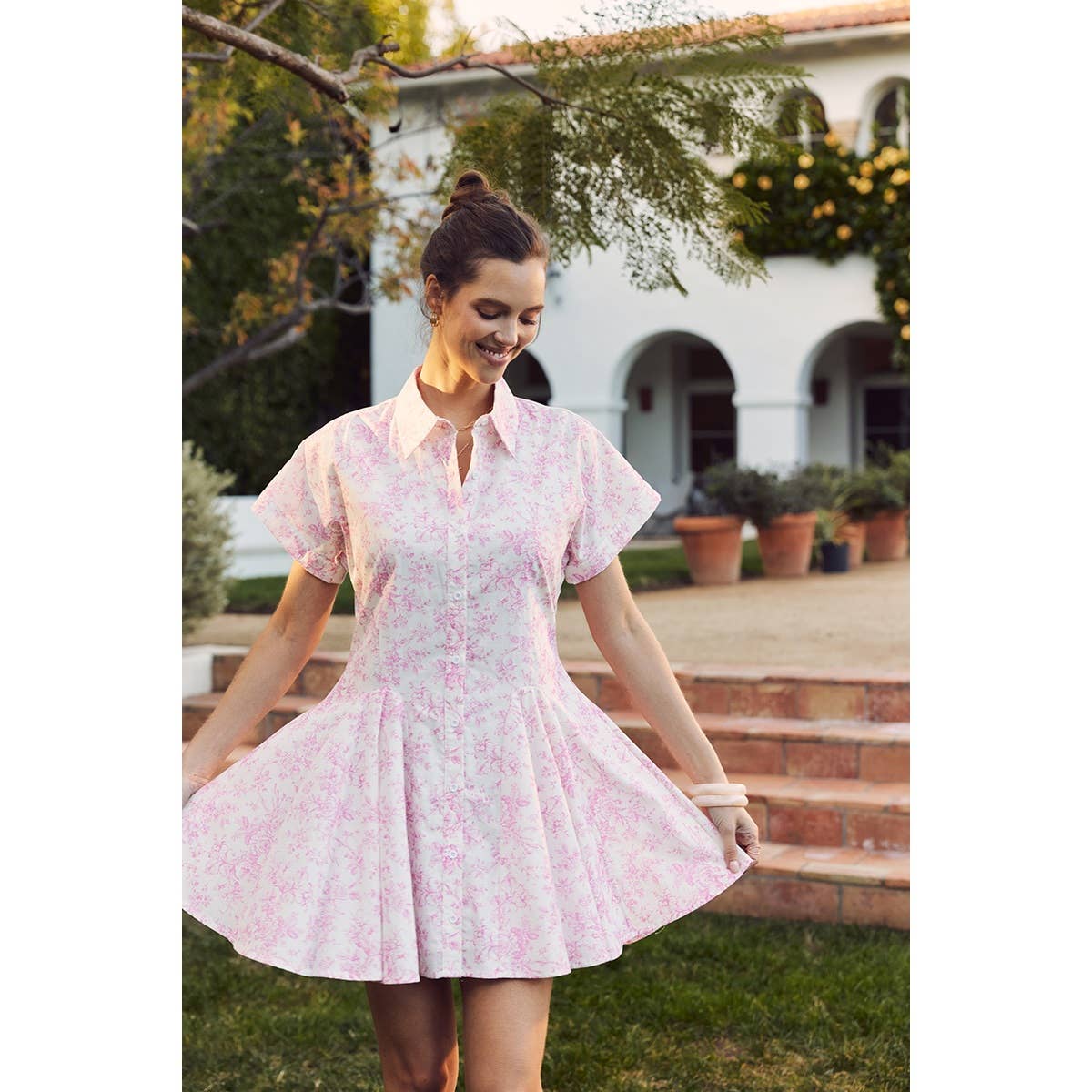 French Garden Toile Button-down Mini Dress With Dolman