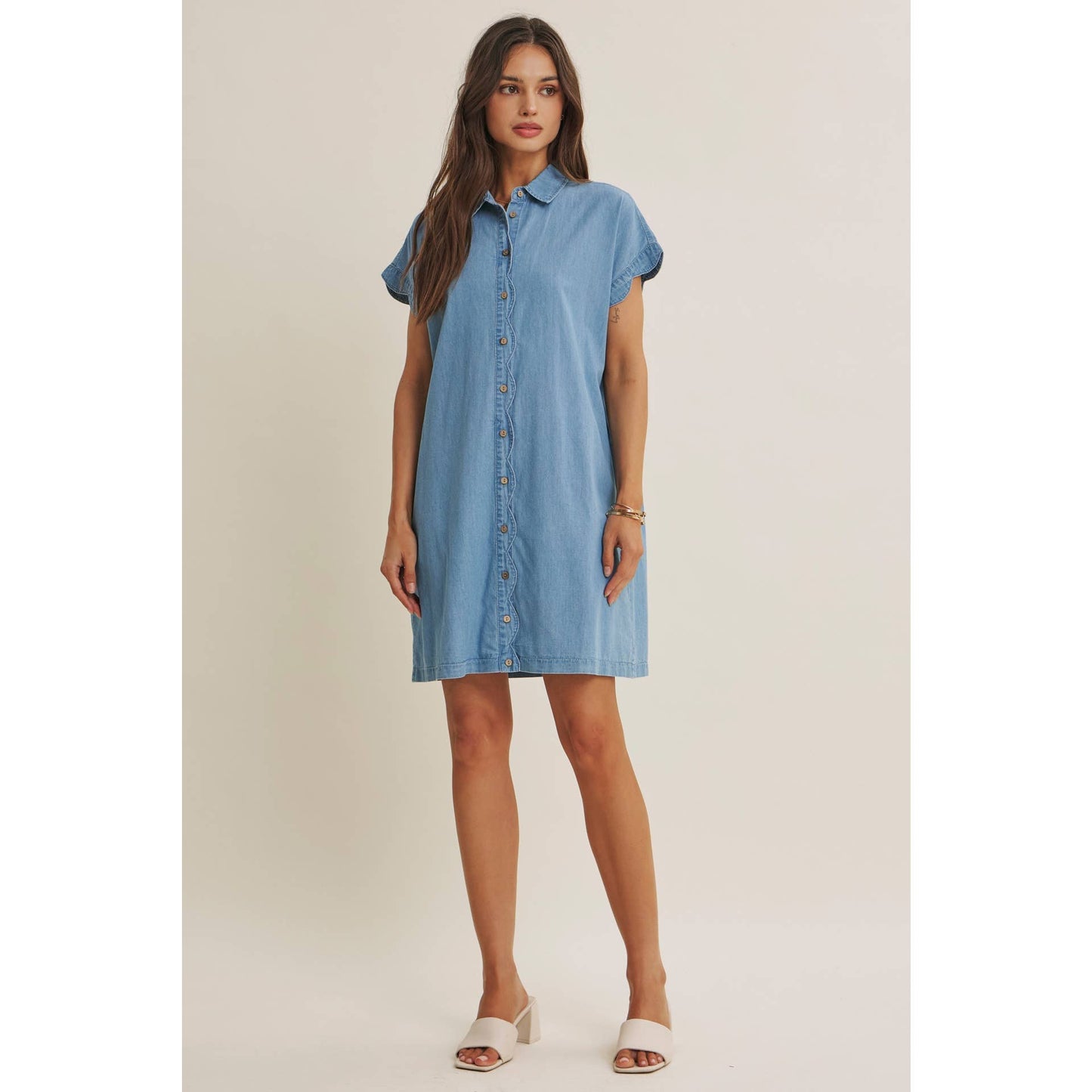Coffee Run Washed Denim Mini Shirt Dress With Scallop Detail