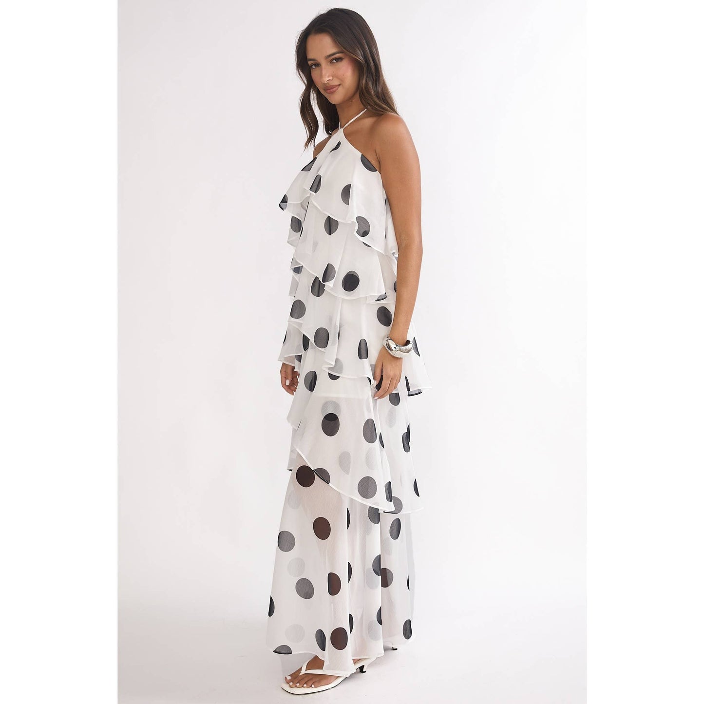 Halter Polka Dot Tiered Maxi Dress