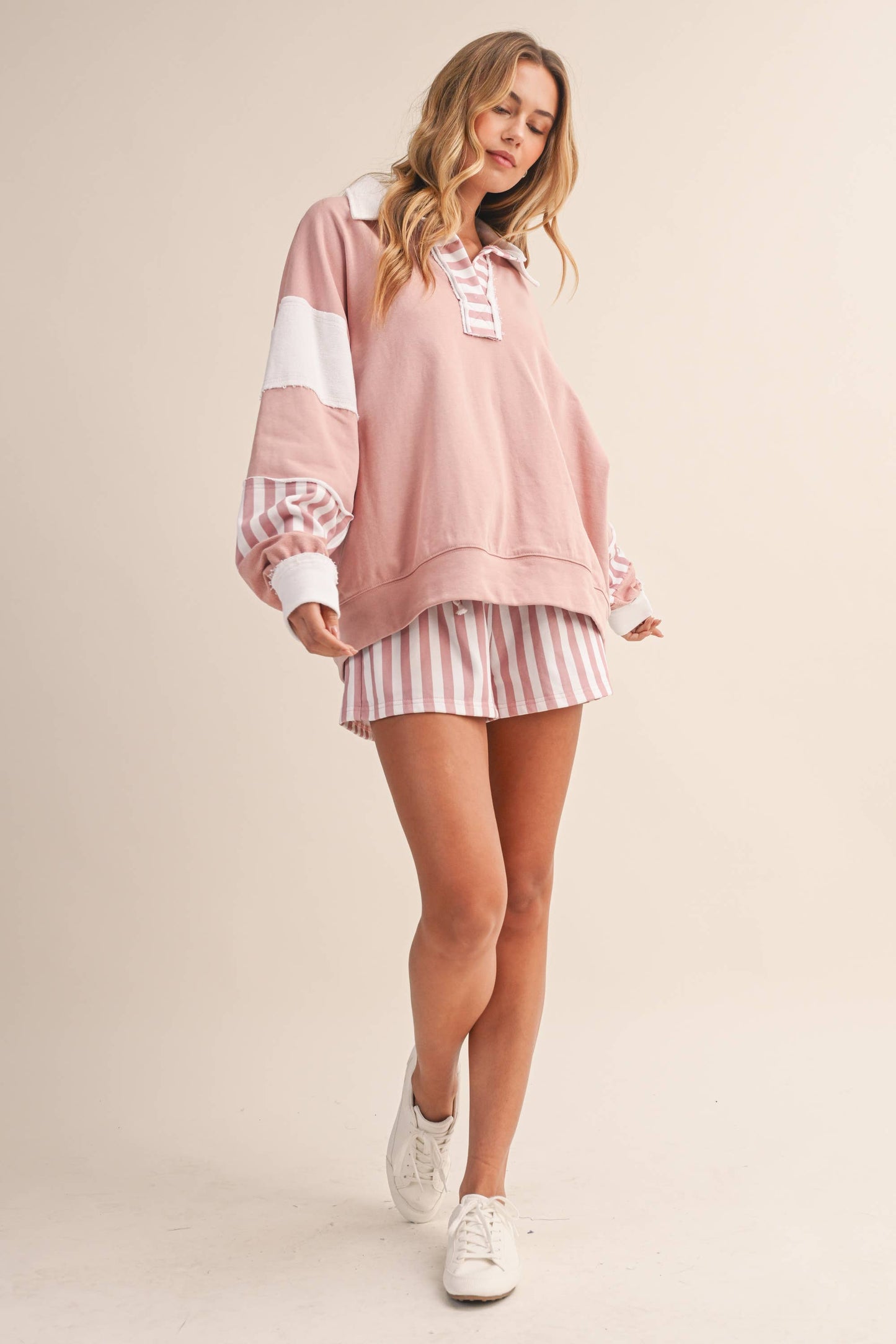 Striped Contrast Collared Sweatshirt and Shorts Set