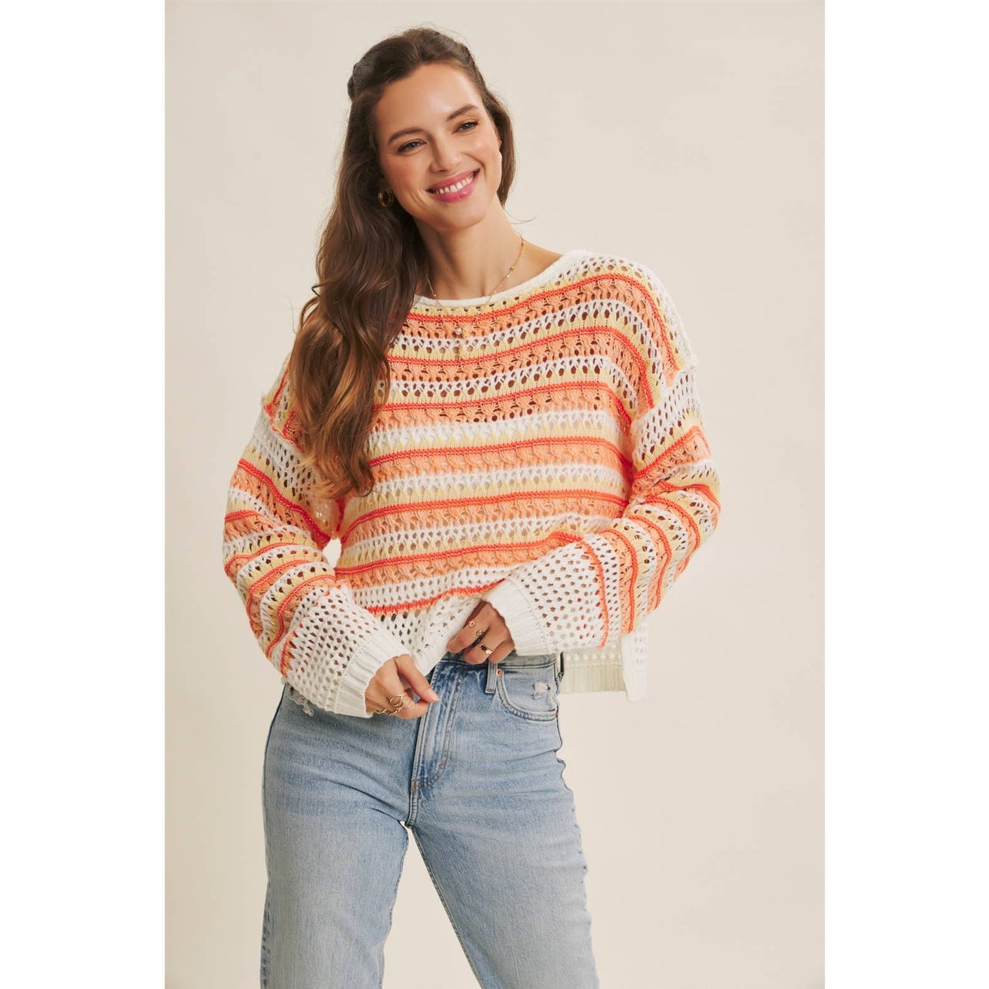BRIGHT VIBRANT MULTI STRIPE LOOSE FIT CROCHET SWEATER TOP
