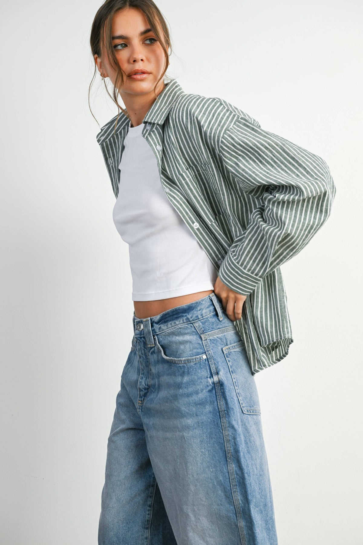 Cropped Striped Button-Up Collared Long Sleeve Top