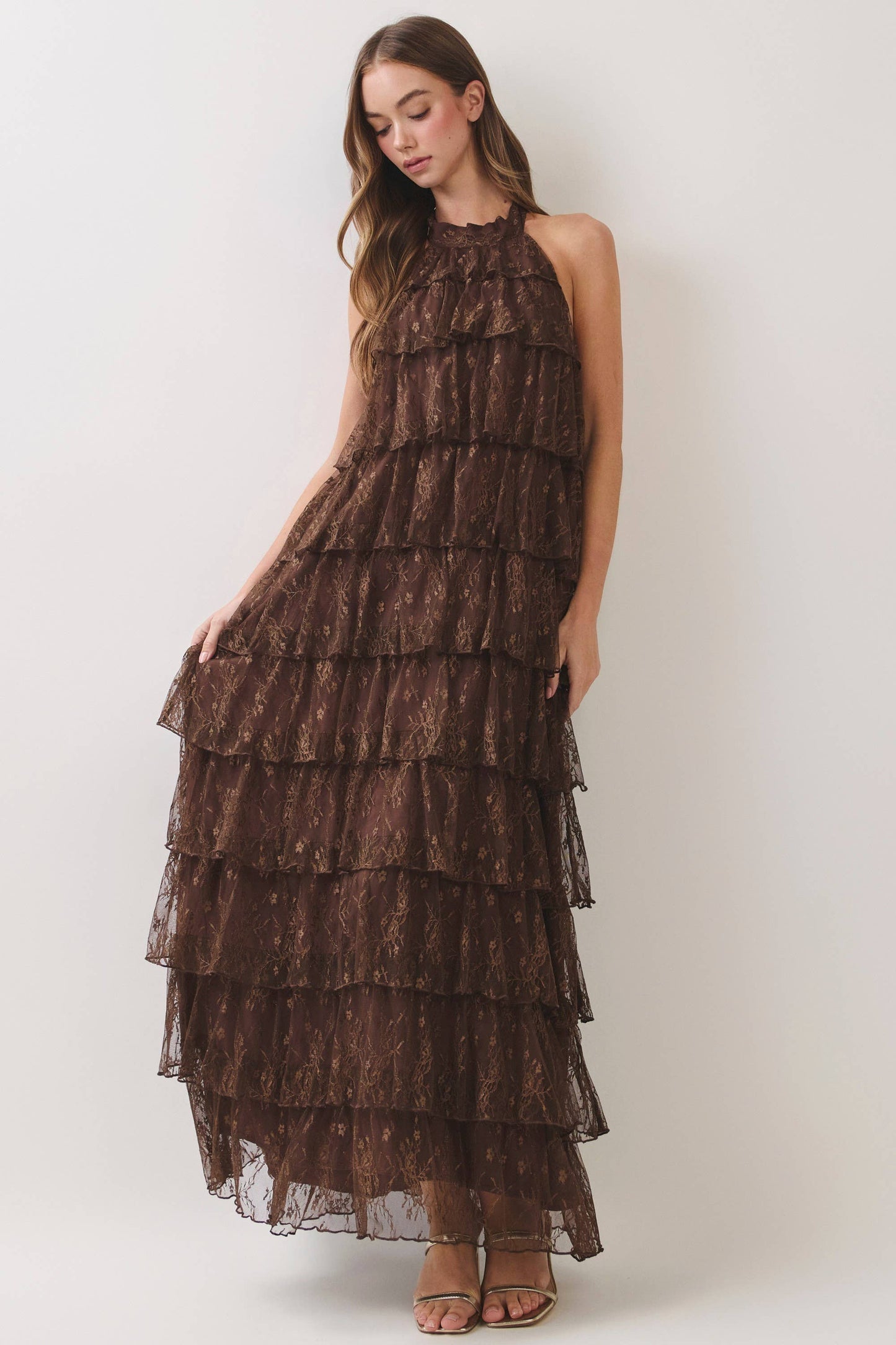 Lace Tiered Halter Maxi Dress