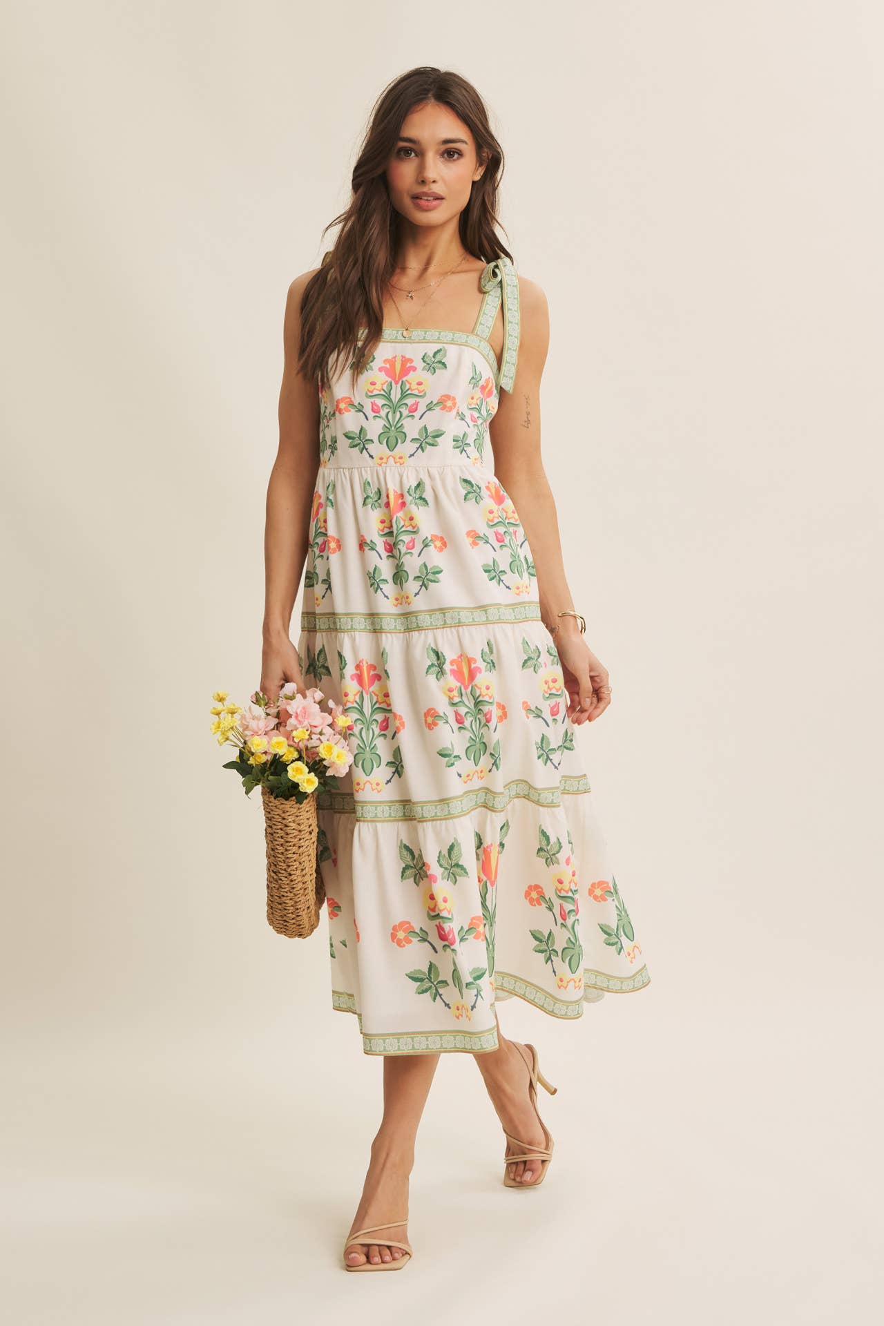 Softly Romantic Exclusive Print MIDI Dress With Shoulder Tie