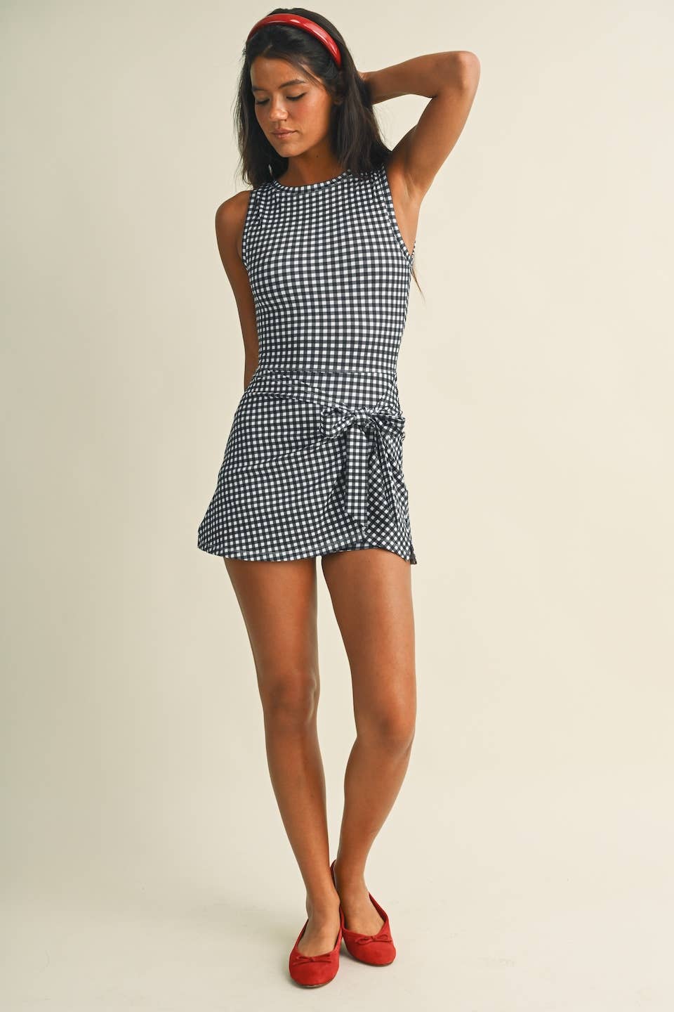 Gingham Print Sleeveless Wrap Tie Front Dress
