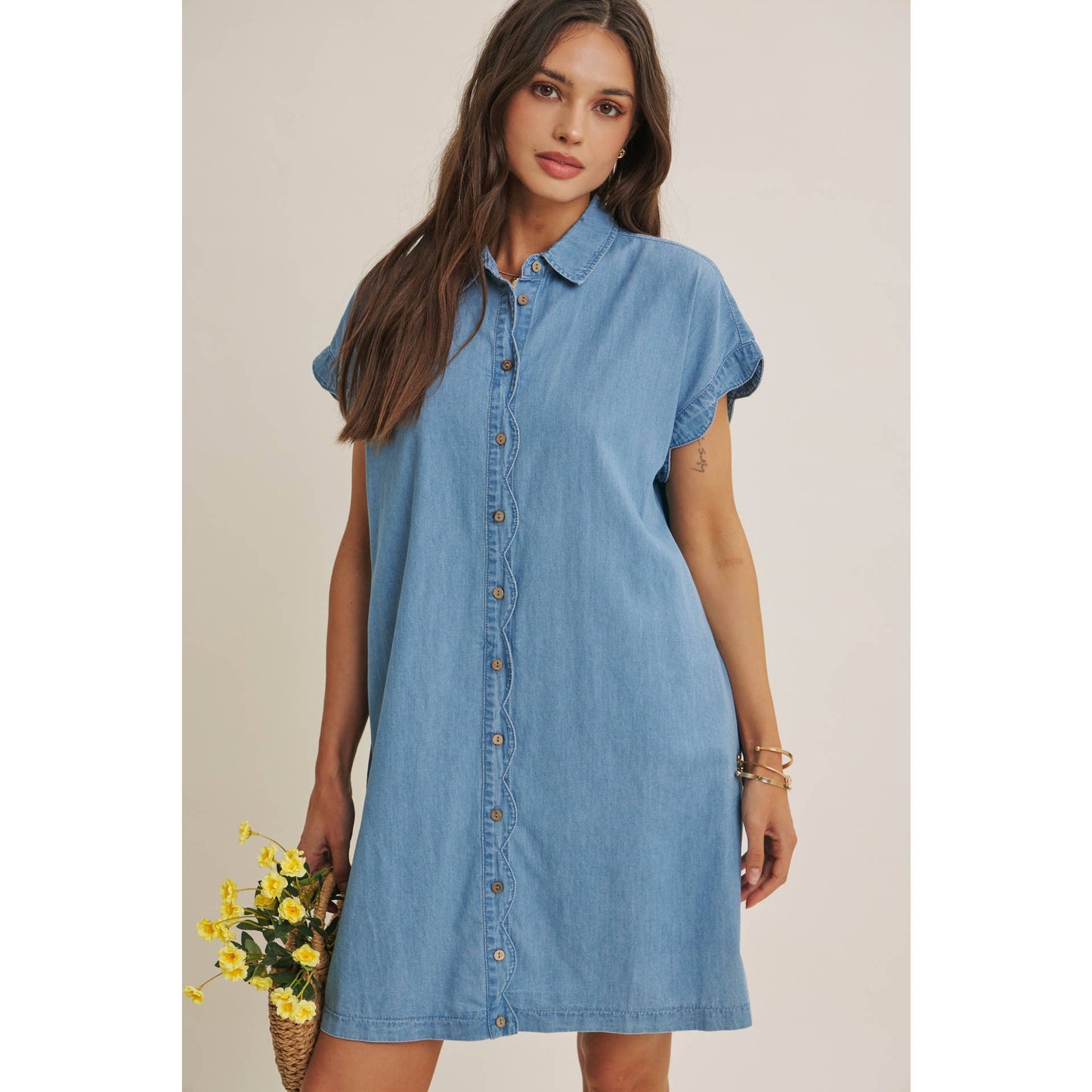 Coffee Run Washed Denim Mini Shirt Dress With Scallop Detail