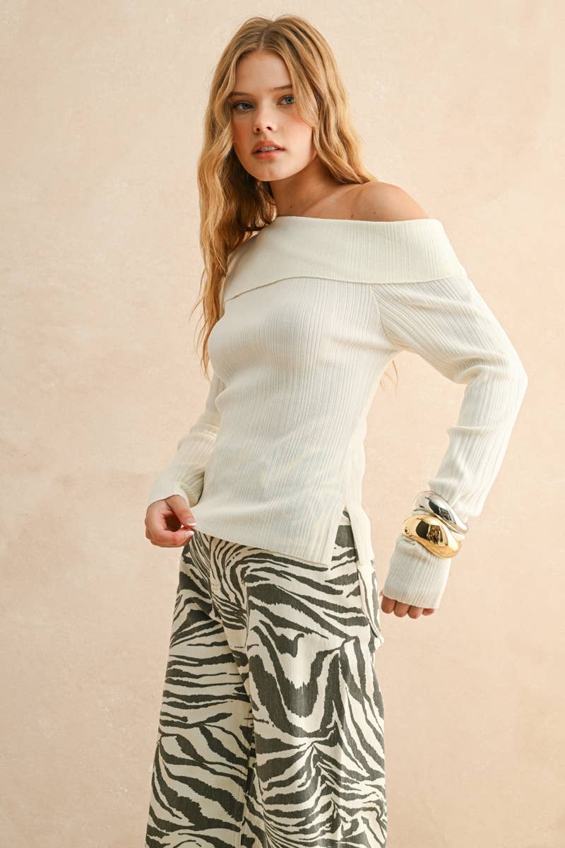 ribbed asymmetric shoulder long sleeve top