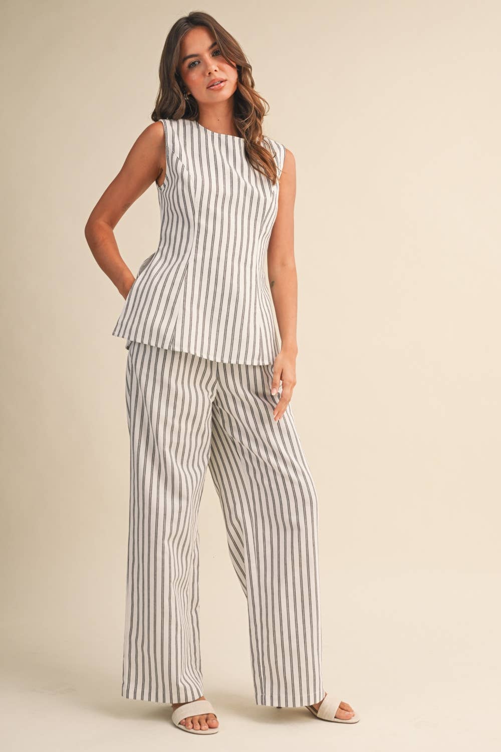 STRIPE PEPLUM SLEEVELESS TOP AND TROUSERS
