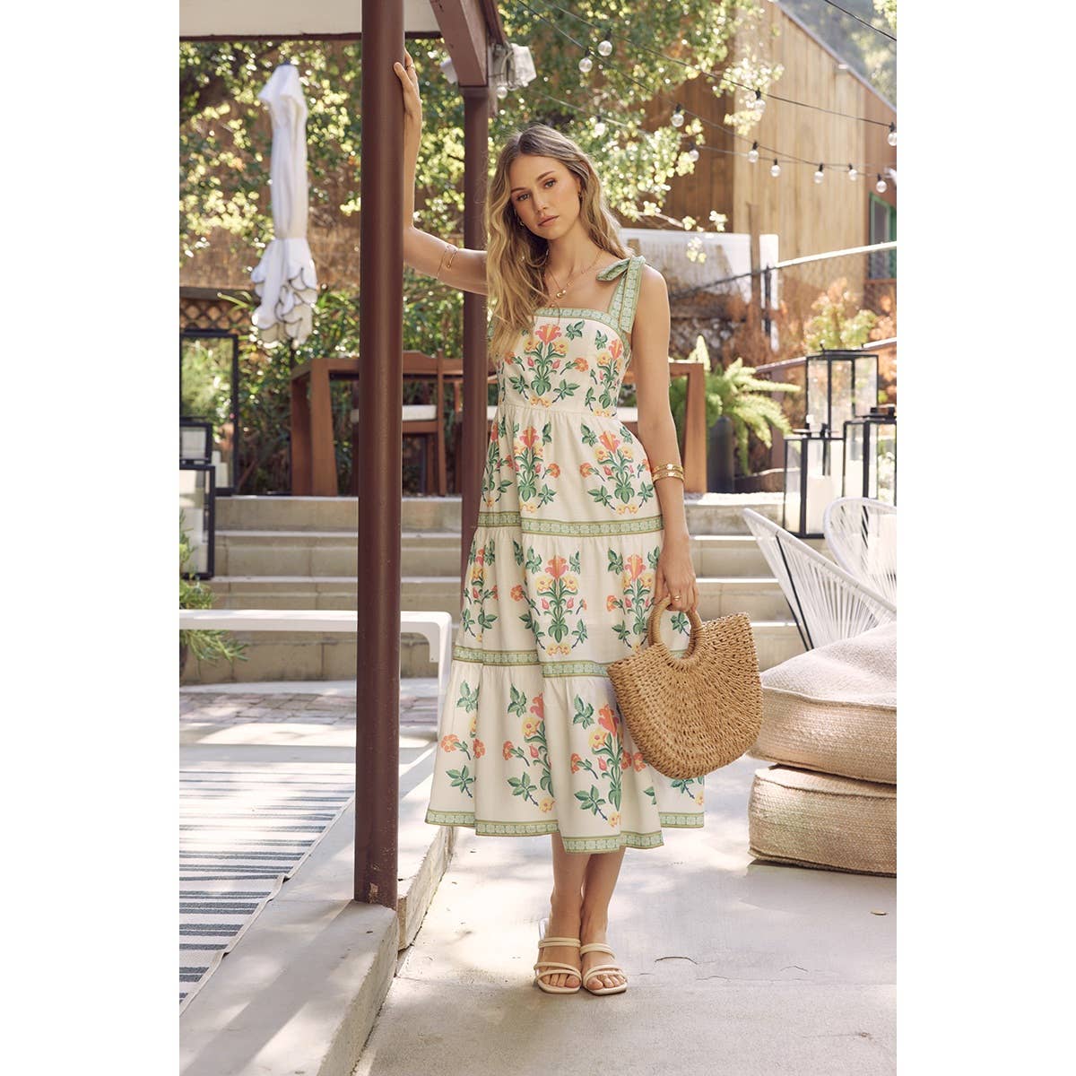 Softly Romantic Exclusive Print MIDI Dress With Shoulder Tie