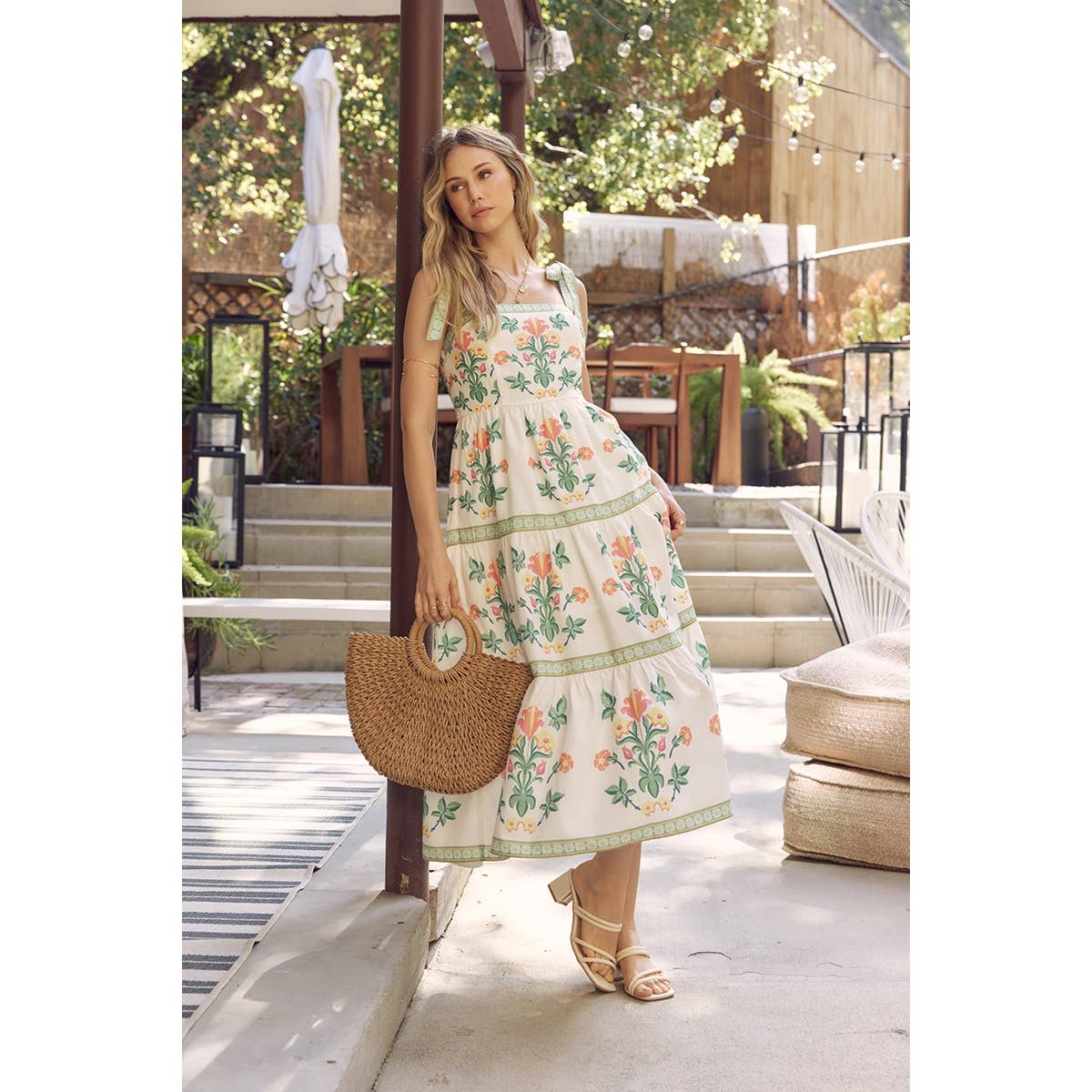 Softly Romantic Exclusive Print MIDI Dress With Shoulder Tie