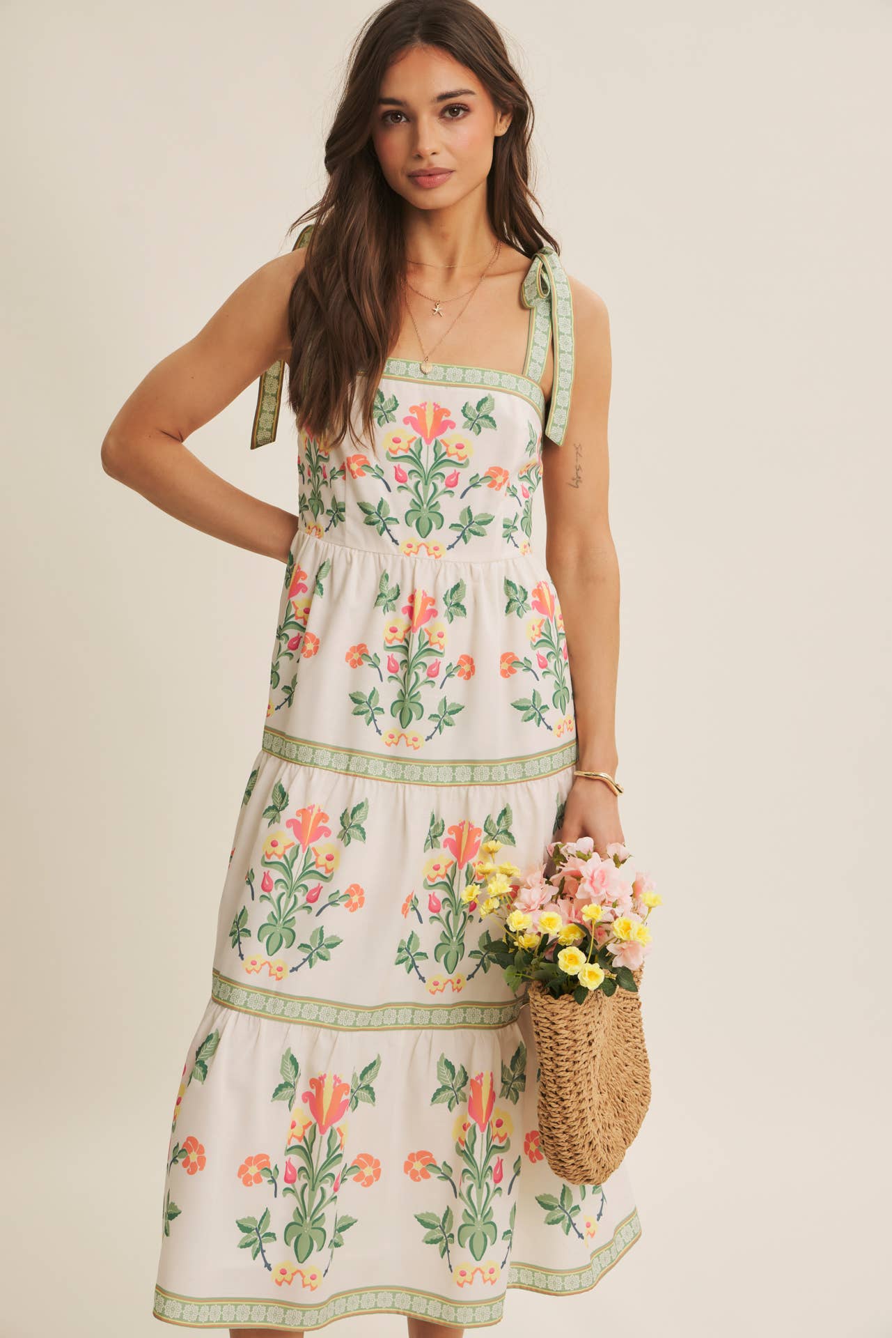 Softly Romantic Exclusive Print MIDI Dress With Shoulder Tie