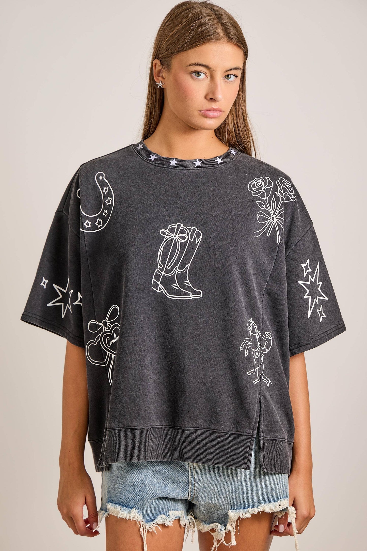 Mineral washed western printed oversized top