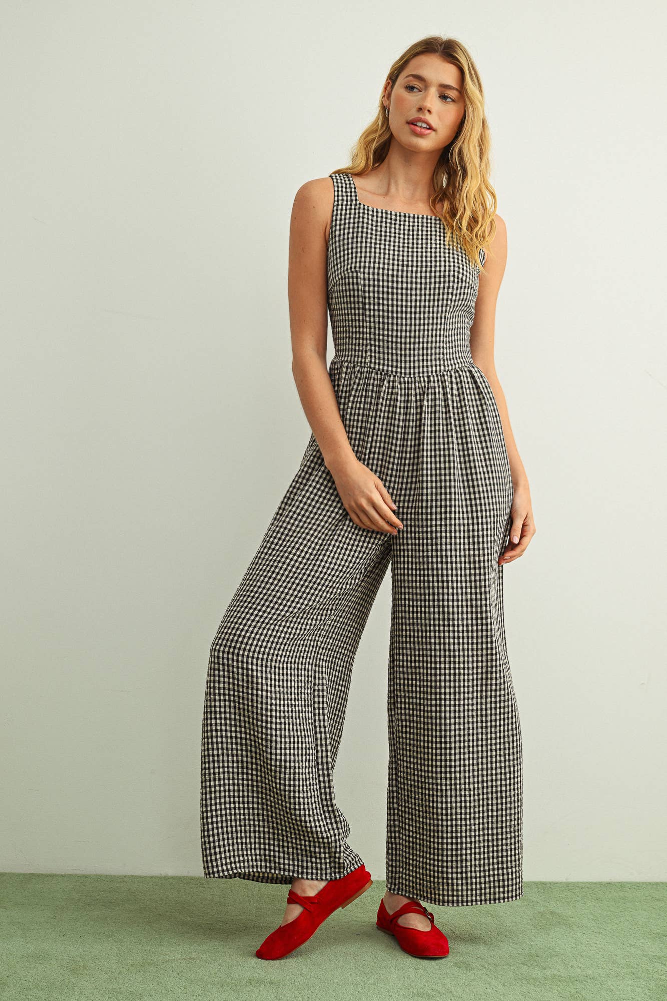 Gingham Printed Tie In The Back Jumpsuit