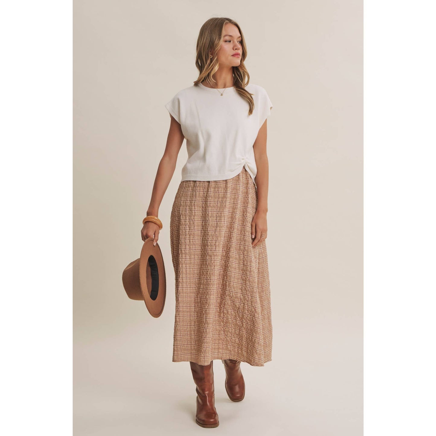 COUNTRY ROADS Gingham Bow Back Twofer Sweater Midi Dress