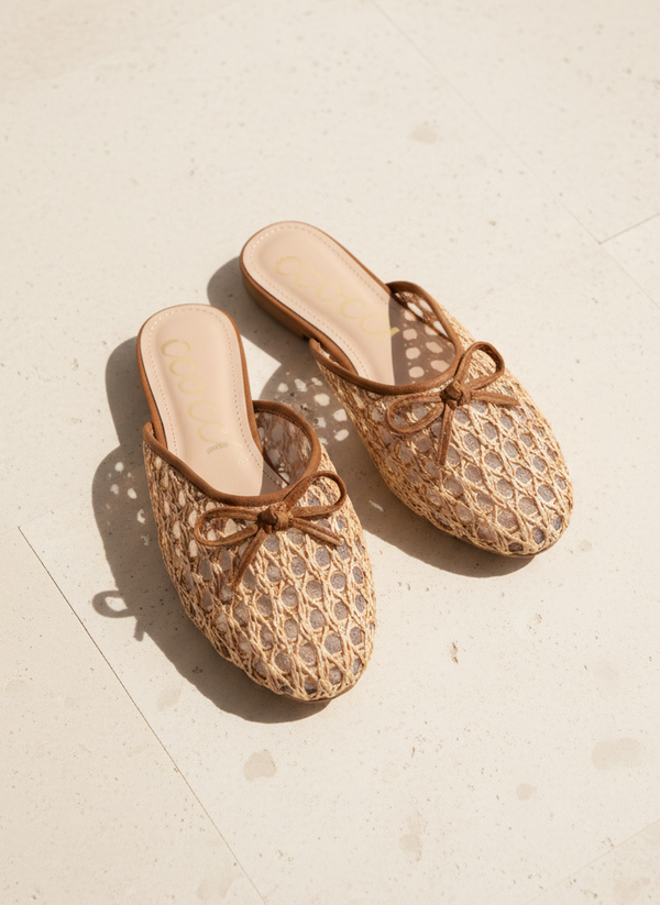 SOLENE Woven Raffia Mule Flats Bow Detail Mesh Lined Slides