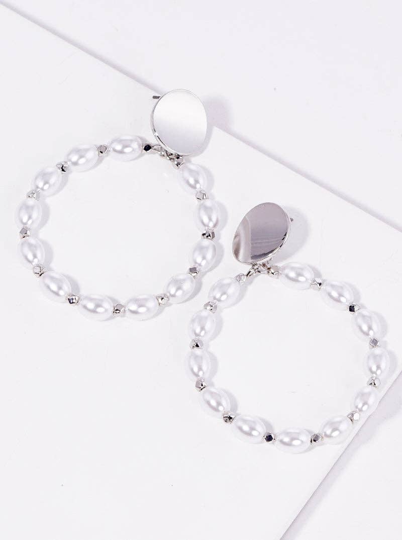 Oval Shaped Pearl Beaded Round Post Dangle Earrings