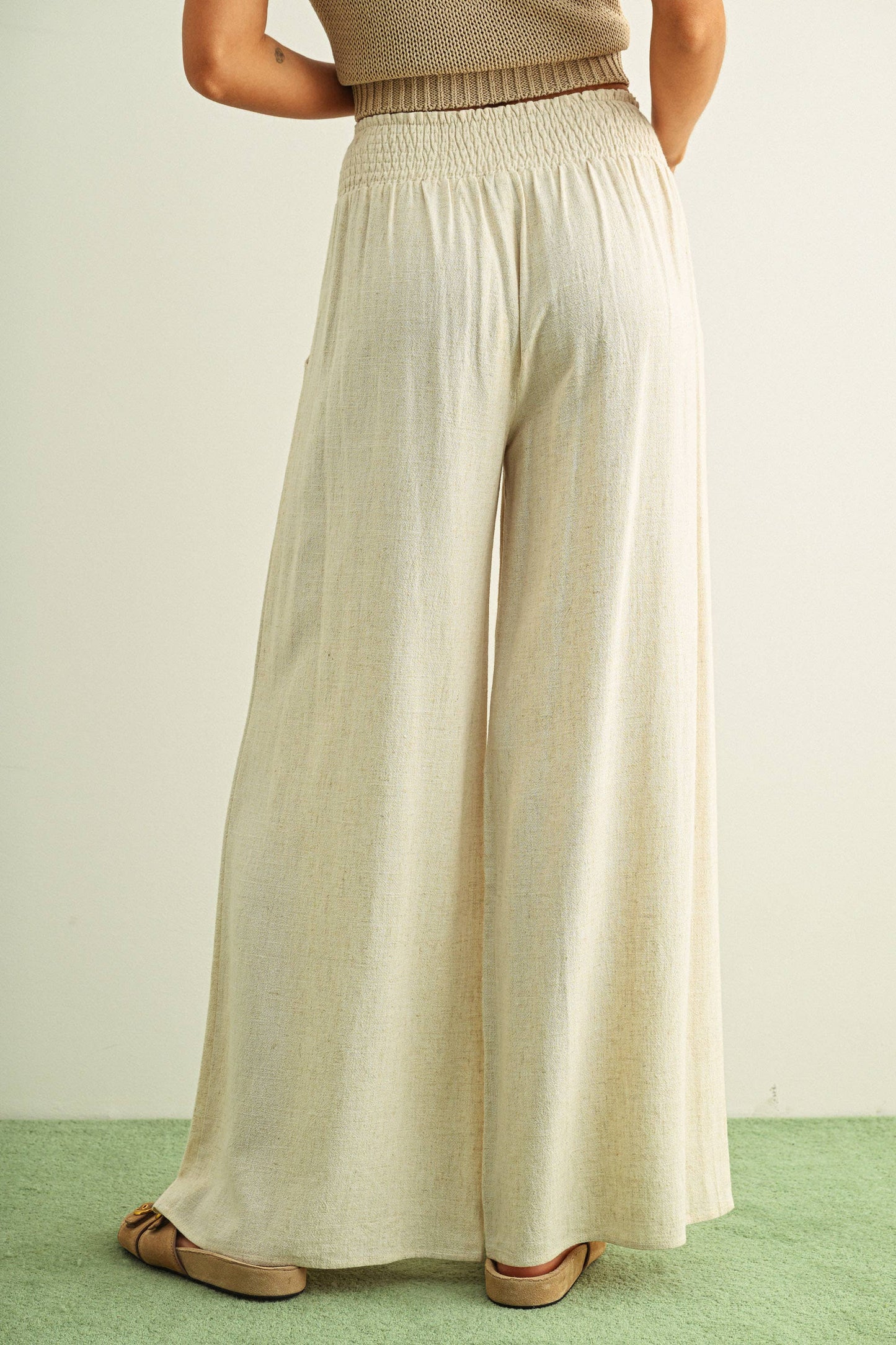 Cotton Linen Smocked Waist Pants With Tassel