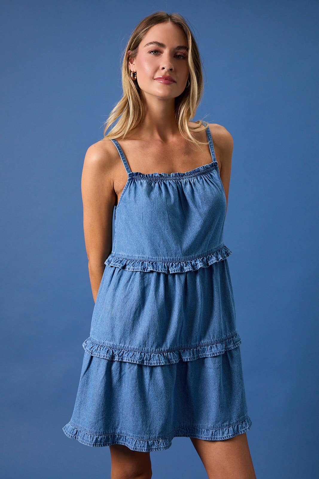 Sleeveless Ruffle Detail Denim Mini Dress