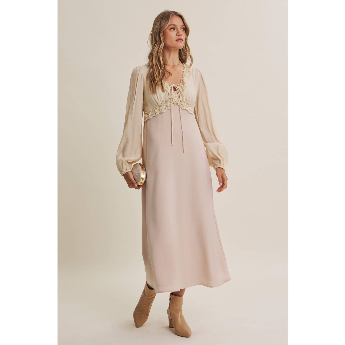 Champagne Rose Soft Drape Fabric Mixed Romantic Midi Dress