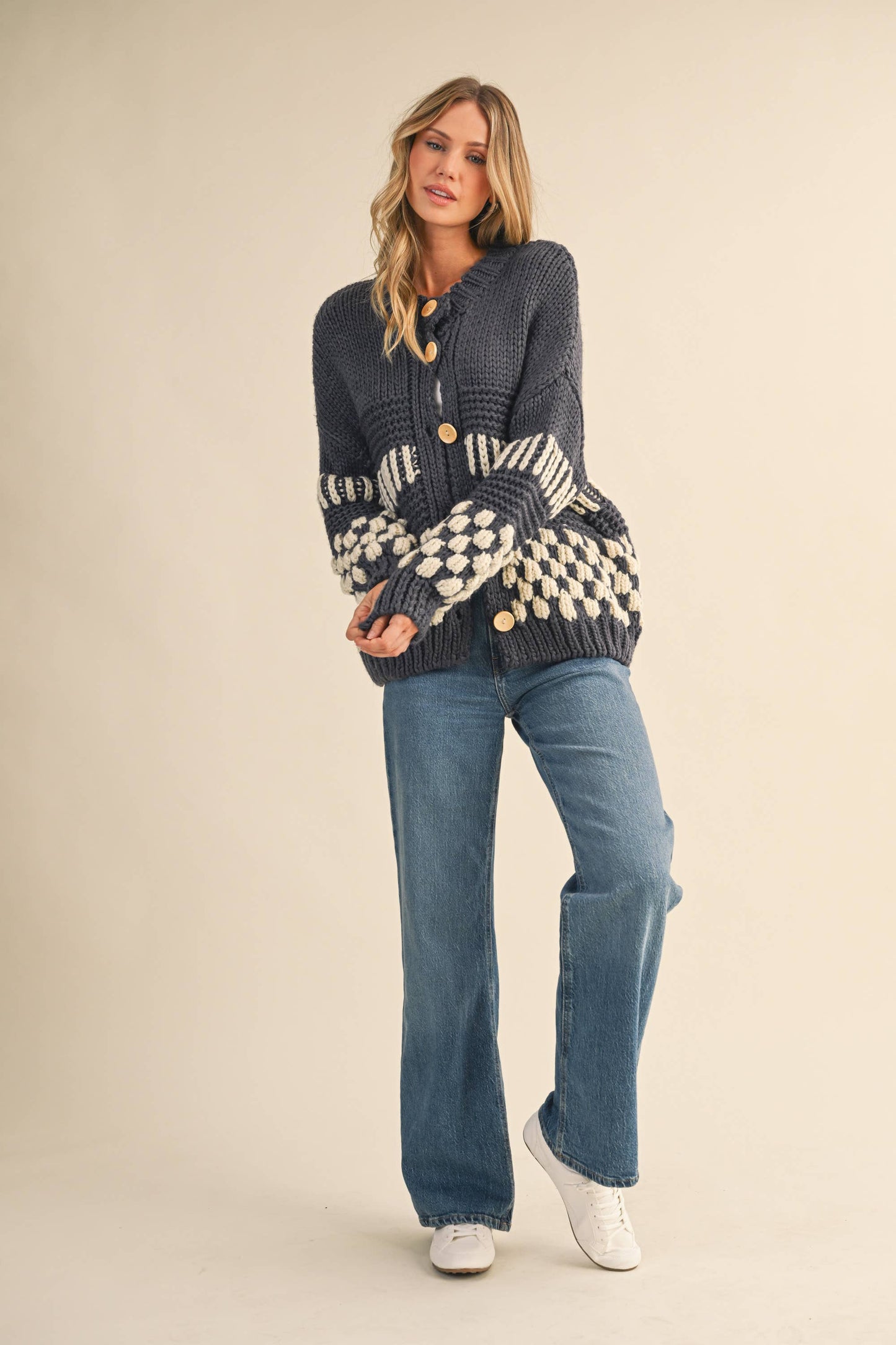 checkered pattern chunky knit cardigan