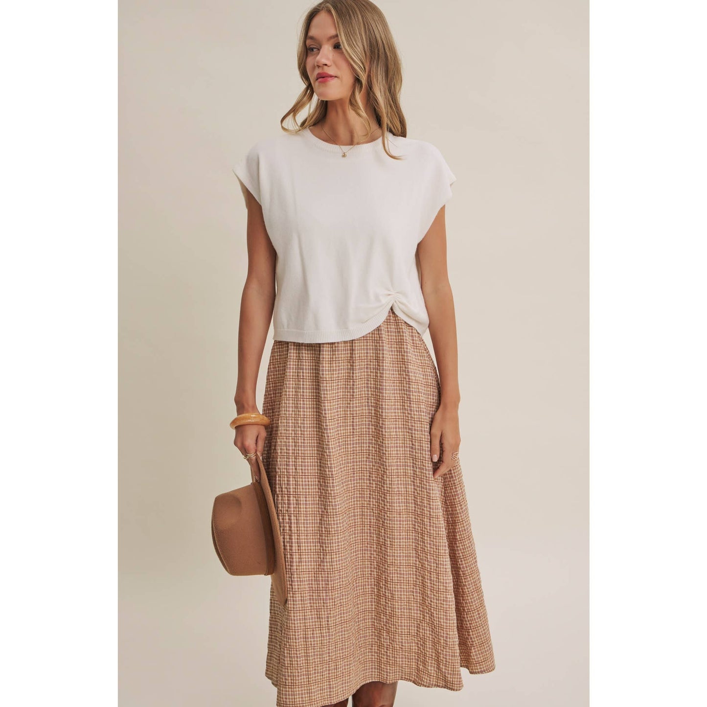 COUNTRY ROADS Gingham Bow Back Twofer Sweater Midi Dress
