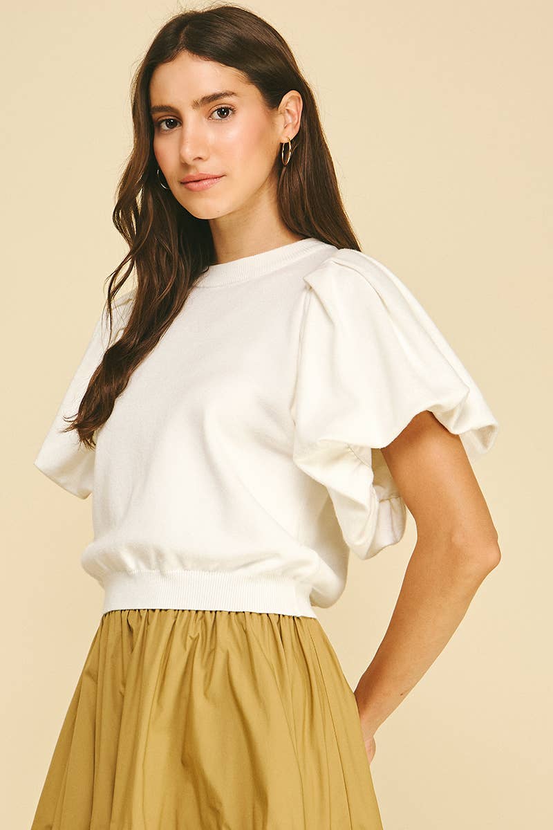 Crew Neck Puff Sleeve Ribbed Top