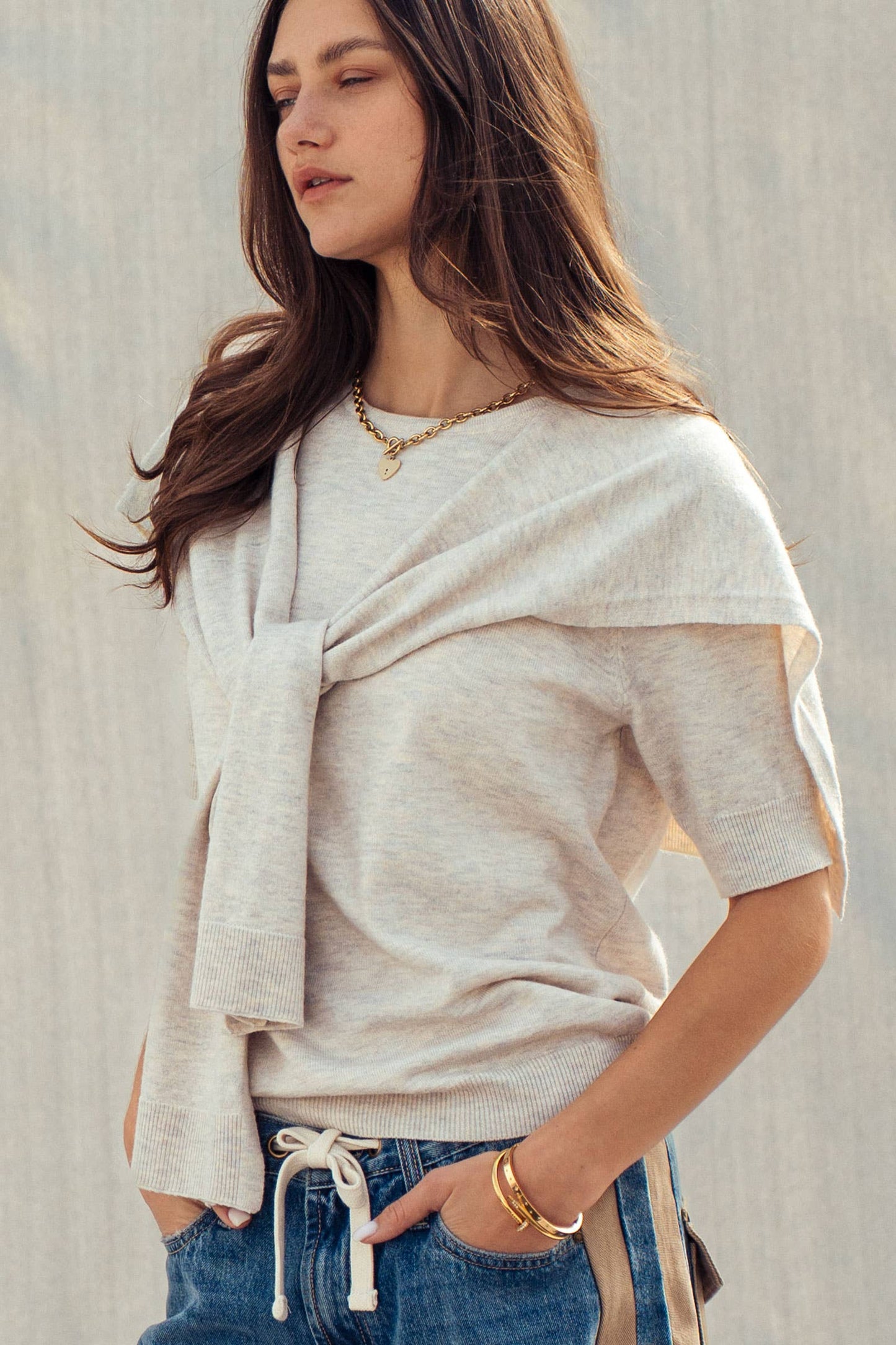 Faux Layered Tie-Front Knit Top