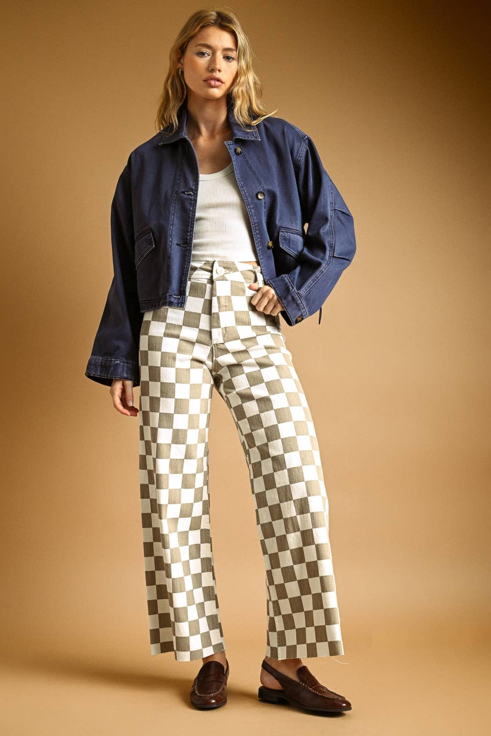 Checker Board Wide Leg Stretched Pant