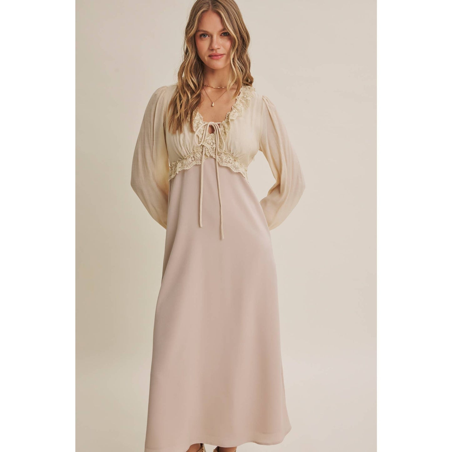 Champagne Rose Soft Drape Fabric Mixed Romantic Midi Dress