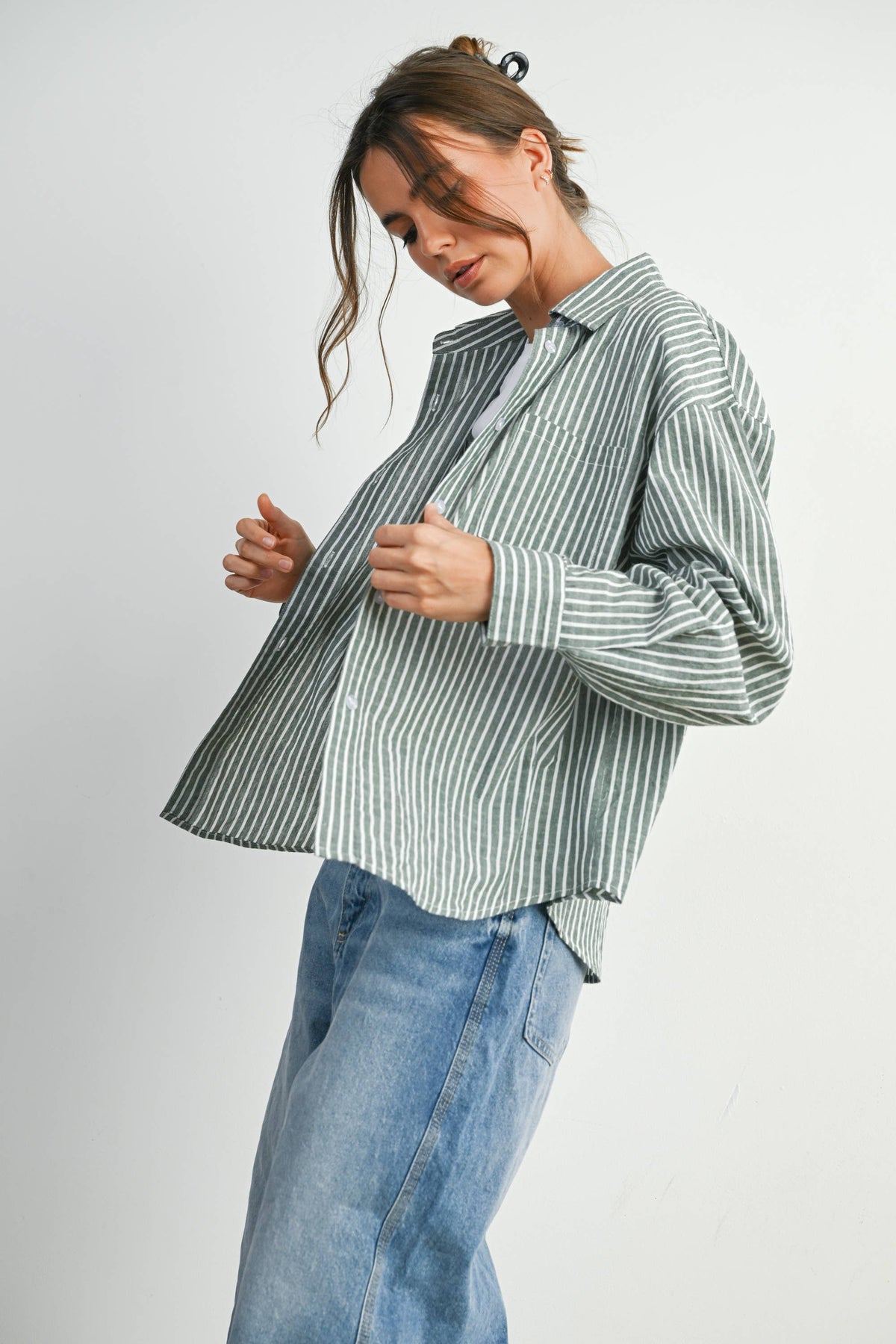 Cropped Striped Button-Up Collared Long Sleeve Top