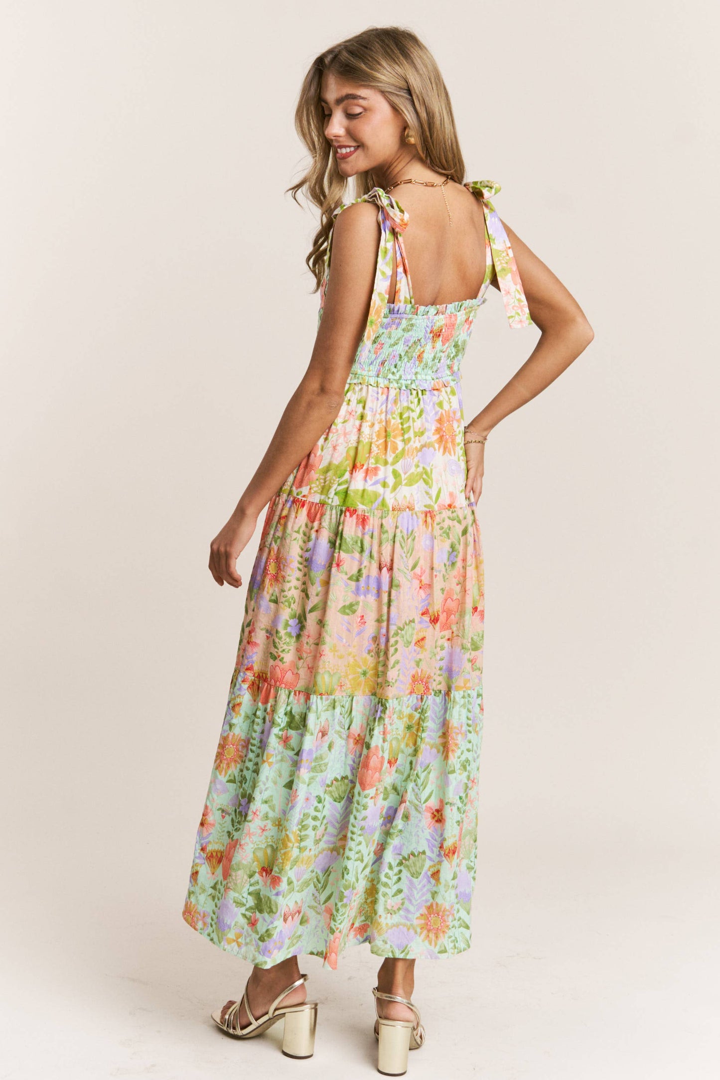 Smocked V-neck Tiered Multi Print Dress