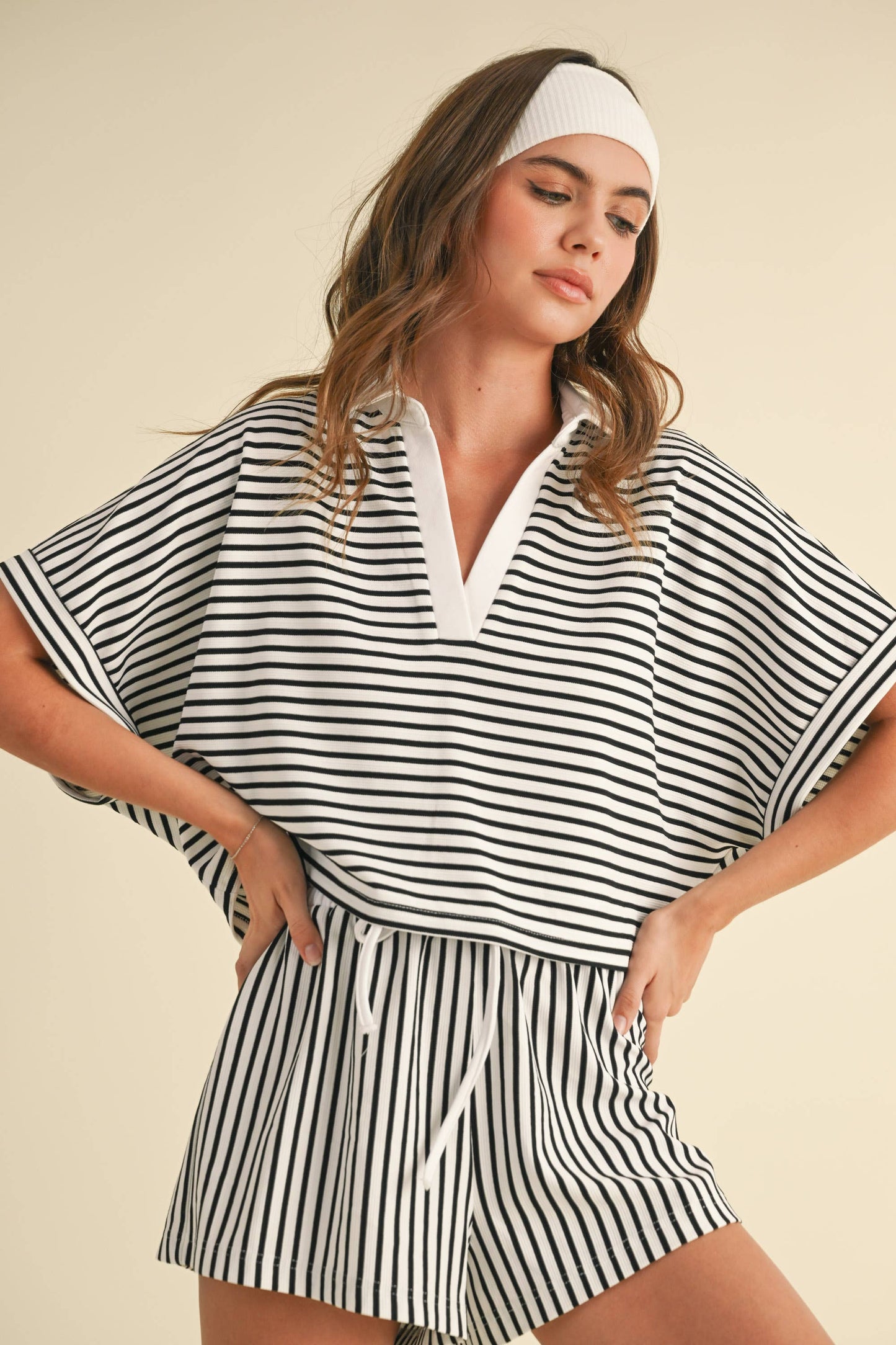 Knitted Striped Cropped Shirt and Shorts Set