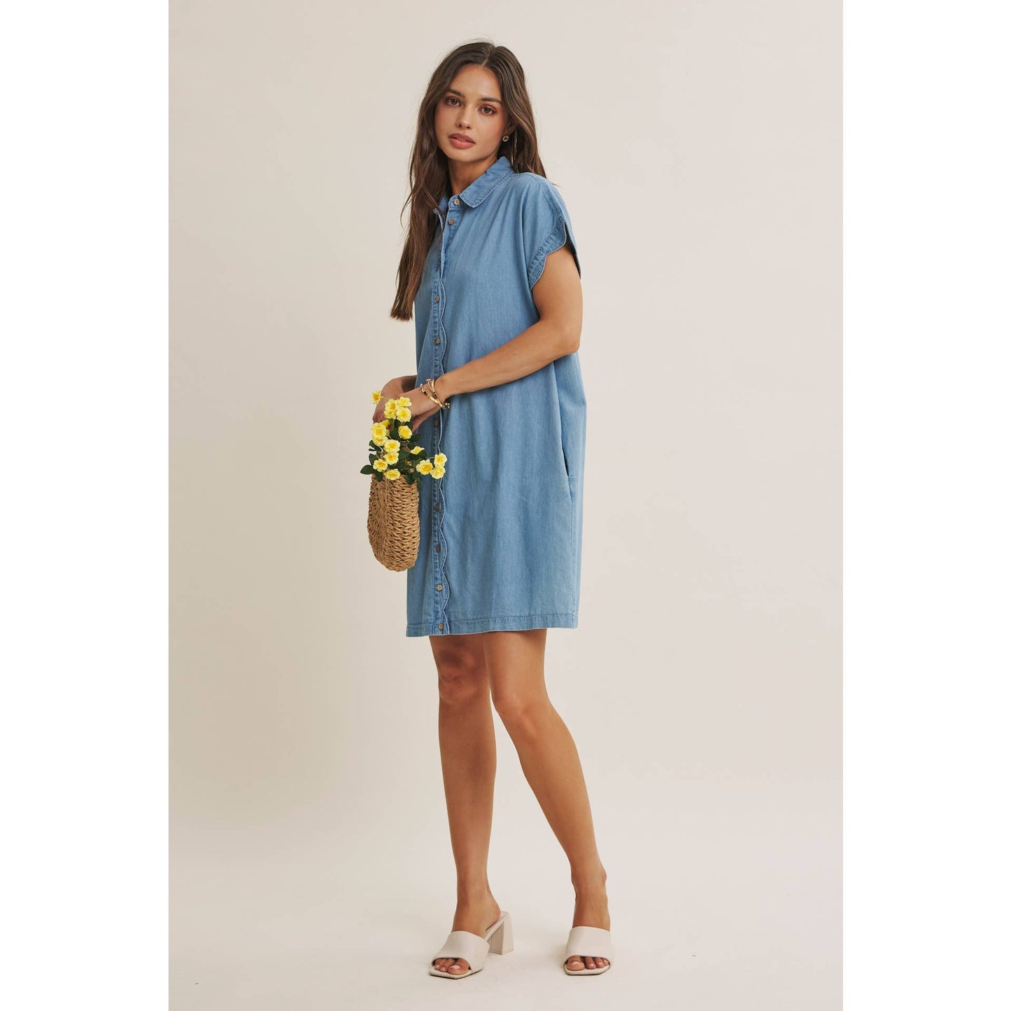 Coffee Run Washed Denim Mini Shirt Dress With Scallop Detail