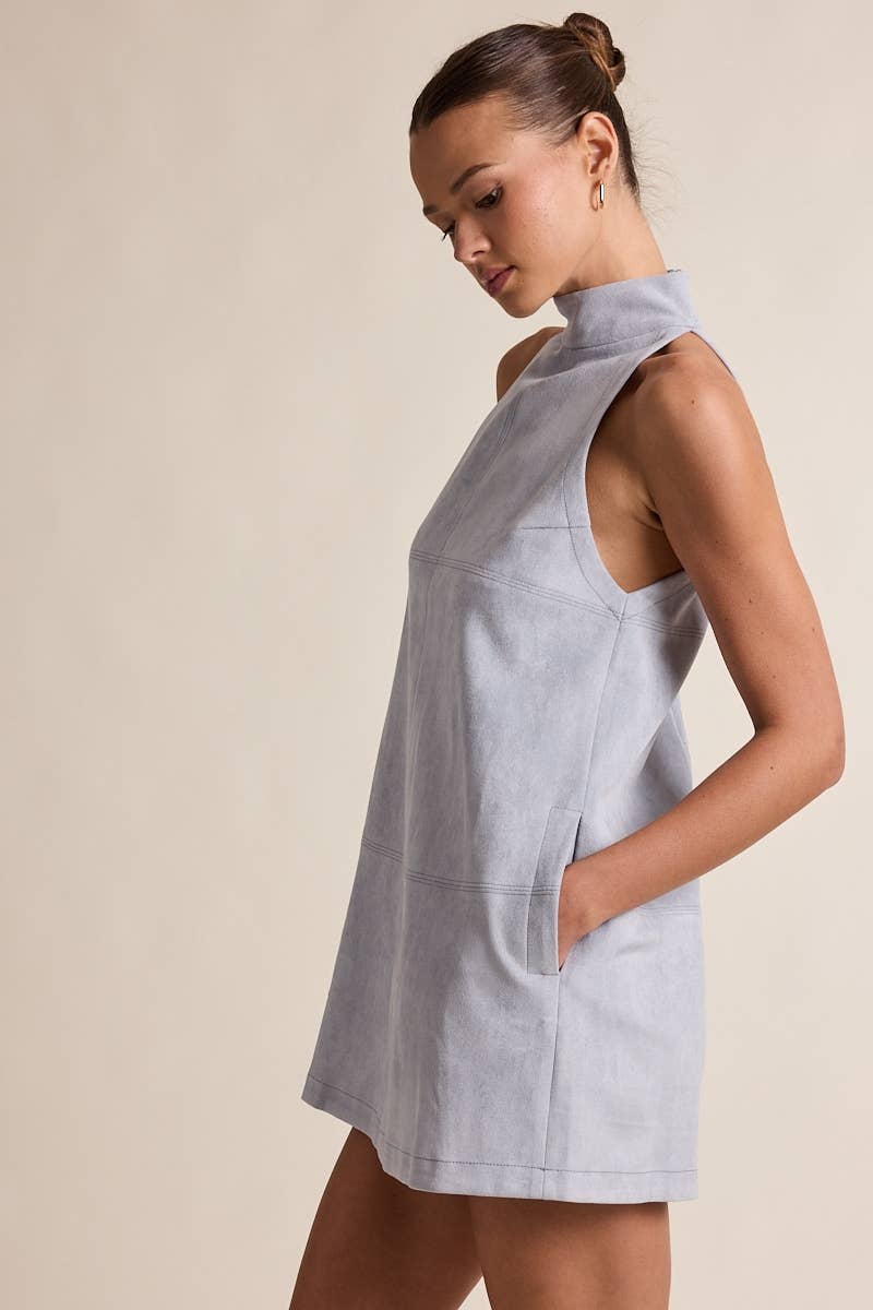 SUEDE SOLID COLOR MOCK NECK PLAIN MINI DRESS