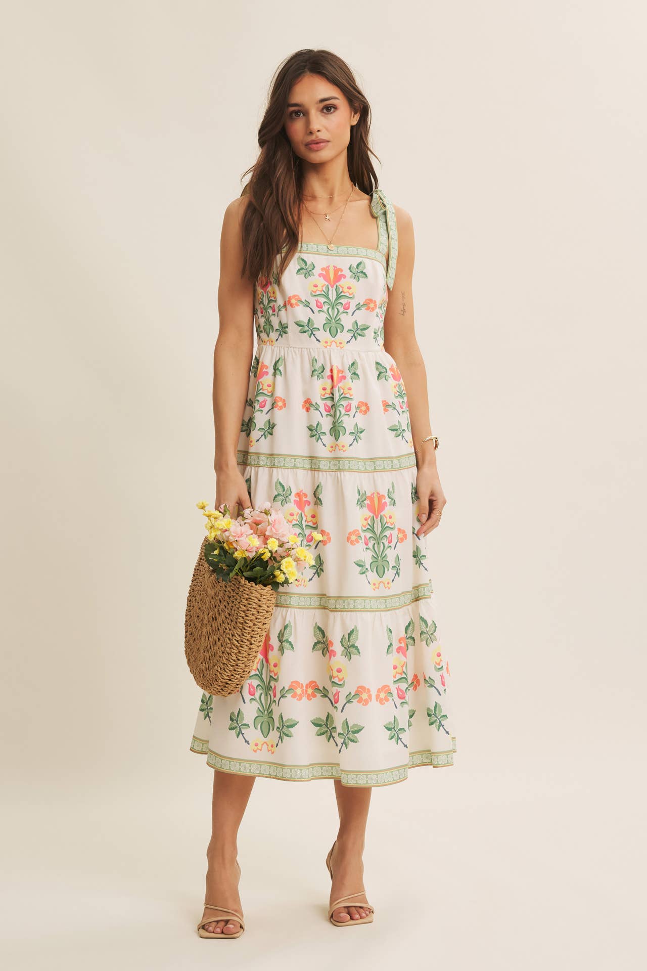 Softly Romantic Exclusive Print MIDI Dress With Shoulder Tie