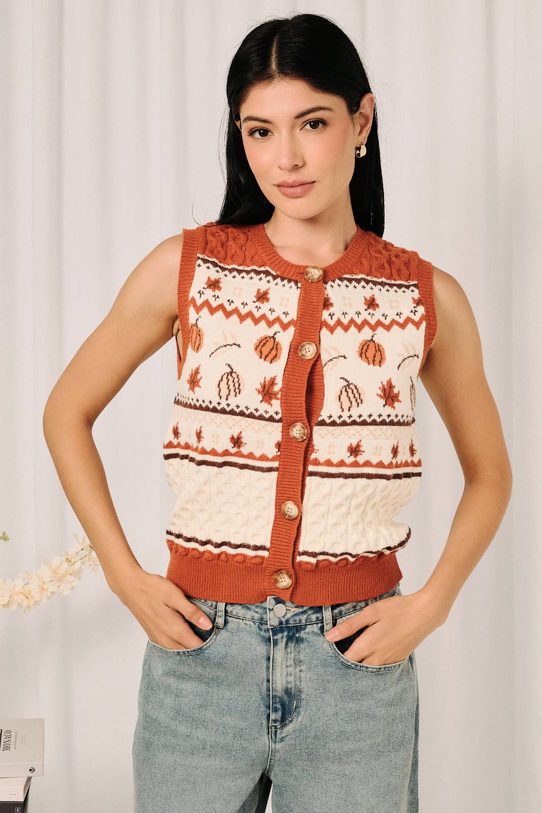 Pumpkin Button Down Cable Sweater Vest