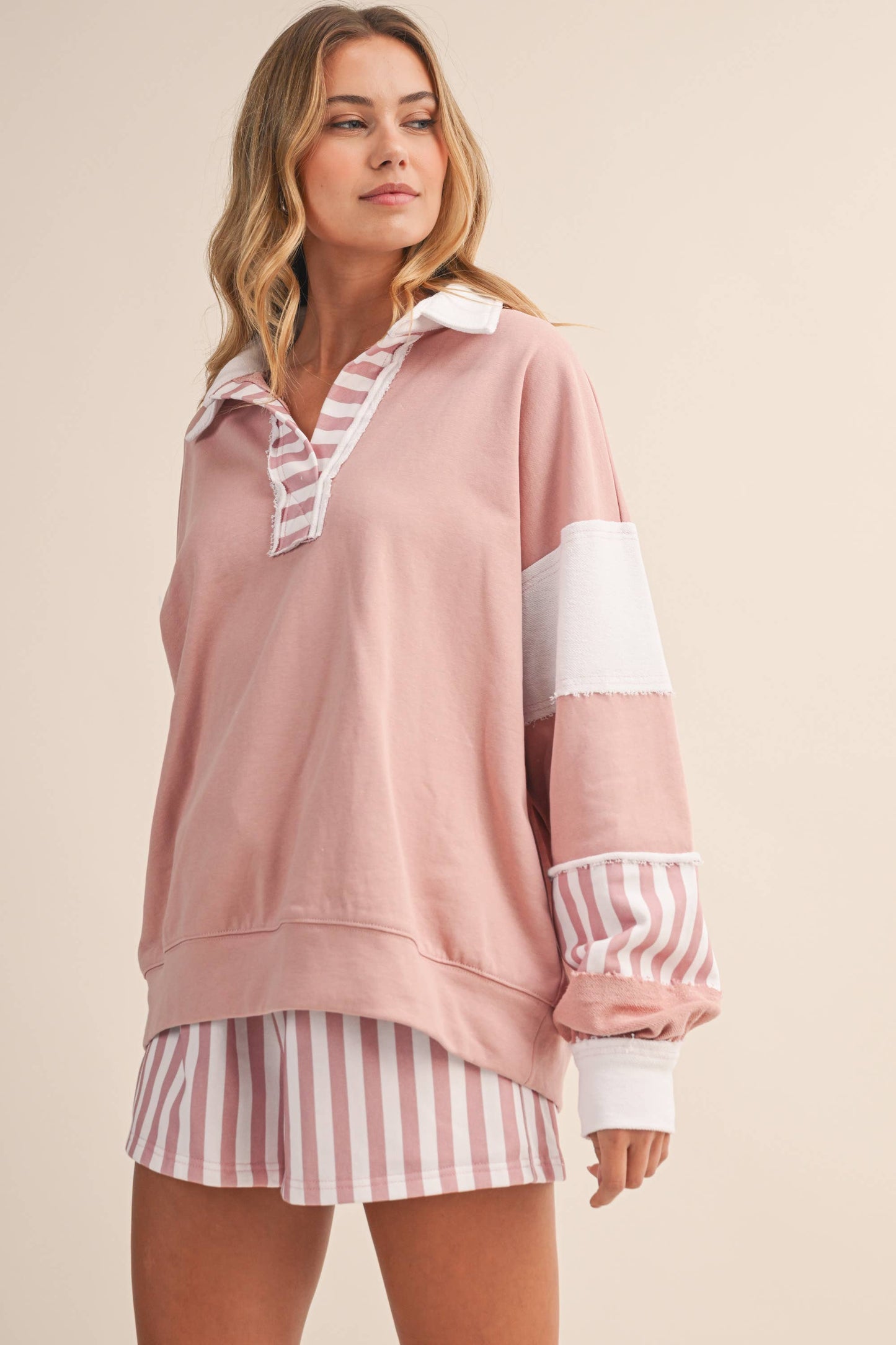 Striped Contrast Collared Sweatshirt and Shorts Set