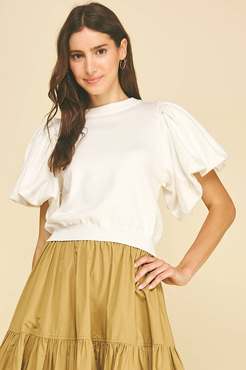Crew Neck Puff Sleeve Ribbed Top