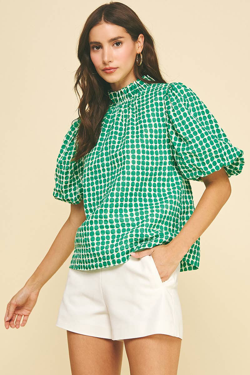 Polka Dot Pattern Ruffled Neck Bubble Sleeve