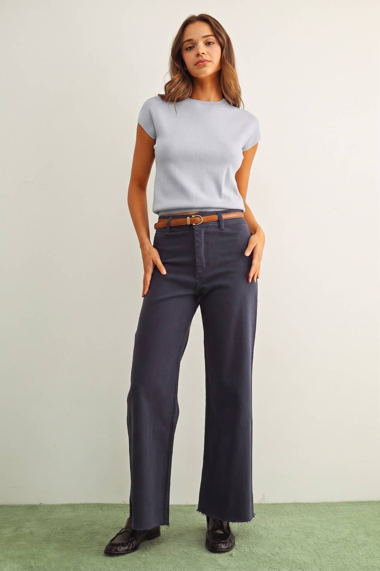 Round Neck Cap Short Sleeve Knit Top